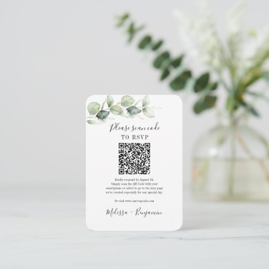 Eucalyptus Greenery QR Code RSVP Eenvoudig huwelij Informatiekaartje (Staand voorkant)