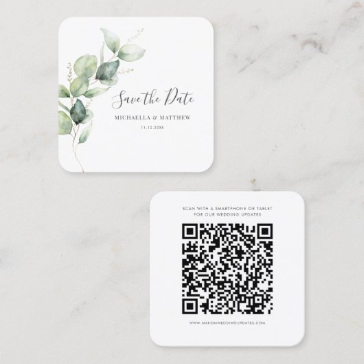 Eucalyptus Greenery QR Code Save the Date Kaart Vierkante Visitekaartje (Voorkant / Achterkant)