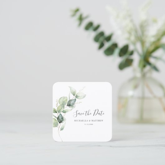 Eucalyptus Greenery QR Code Save the Date Kaart Vierkante Visitekaartje (Staand voorkant)