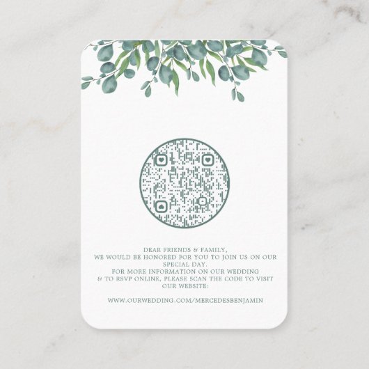 Eucalyptus Greenery QR Code Weddenschap Visitekaartje (Achterkant)
