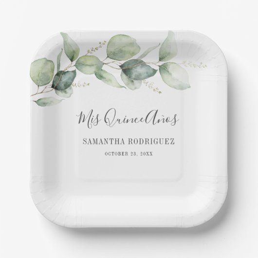 Eucalyptus Greenery Quinceanera 15e verjaardag Papieren Bordje (Voorkant)