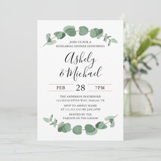 Eucalyptus Greenery Rehearsal Dinner Invitation Kaart (Staand voorkant)