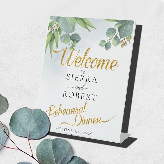 Eucalyptus Greenery Rehearsal Dinner Welcome Sign Reclamebord Met Voetstuk