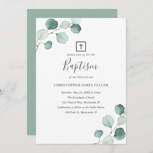 Eucalyptus Greenery Religieuze Elegant Baptisme Kaart (Voorkant / Achterkant)