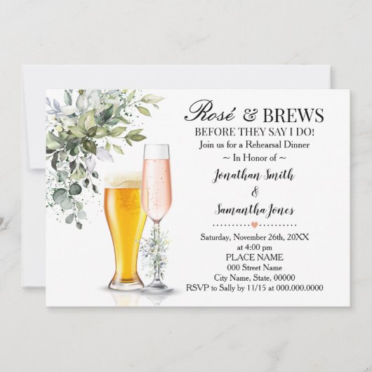 Eucalyptus Greenery Roos & Brews Rehearsal Dinner Kaart (Voorkant)