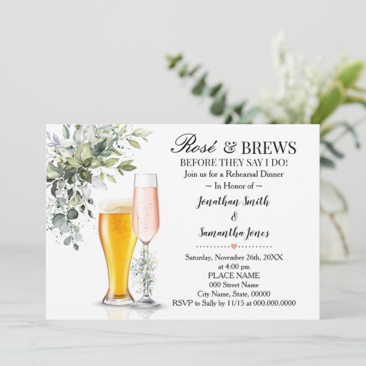 Eucalyptus Greenery Roos & Brews Rehearsal Dinner Kaart (Staand voorkant)