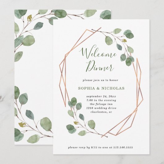 Eucalyptus Greenery | Roos Gold Geo Welkomstdiner Kaart (Voorkant / Achterkant)