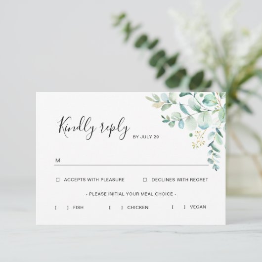 Eucalyptus Greenery Rsvp-kaart met maaltijdopties RSVP Kaartje (Staand voorkant)