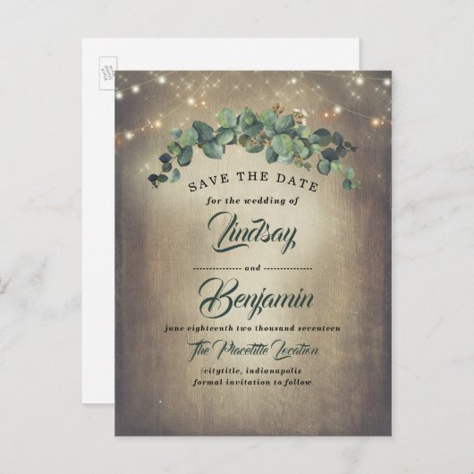Eucalyptus Greenery Rustic Bewaar de datum Aankondigingskaart (Voorkant / Achterkant)