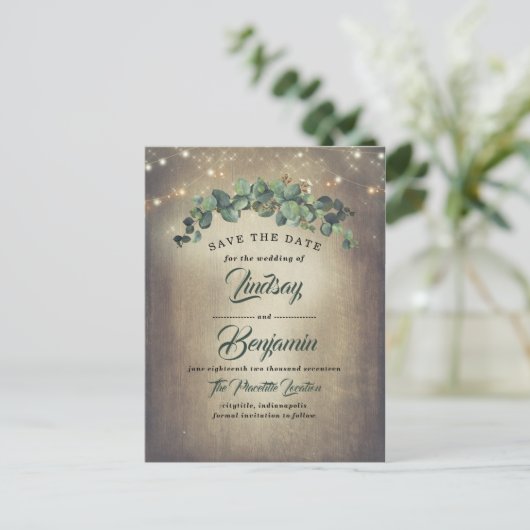 Eucalyptus Greenery Rustic Bewaar de datum Aankondigingskaart (Staand voorkant)