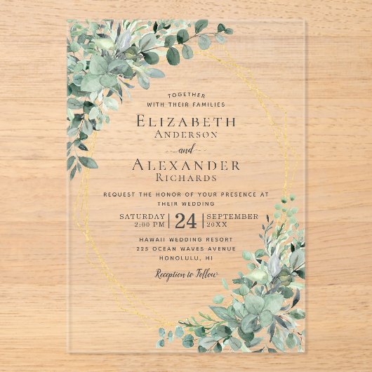 Eucalyptus Greenery Rustic Geometric Wedding Acryl Uitnodigingen (Voorkant)