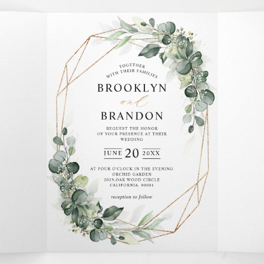 Eucalyptus Greenery Rustic Geometric Wedding Drieluik Aankondiging (Binnenkant midden)