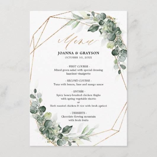 Eucalyptus Greenery Rustic Geometric Wedding Menu (Voorkant)
