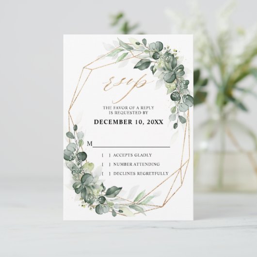 Eucalyptus Greenery Rustic Geometric Wedding RSVP Kaartje (Staand voorkant)
