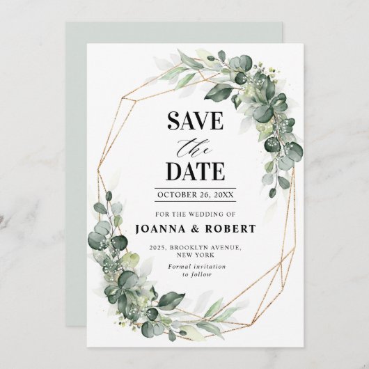 Eucalyptus Greenery Rustic Geometric Wedding Save The Date (Voorkant / Achterkant)