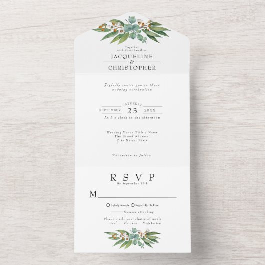 Eucalyptus Greenery Rustic Wedding All In One Uitnodiging (Binnen)