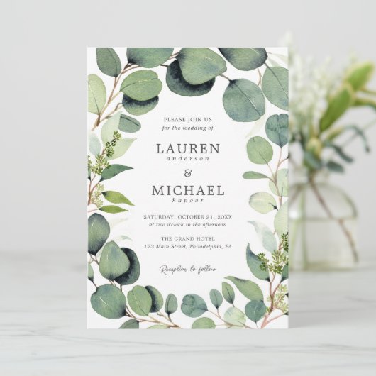 Eucalyptus Greenery Rustic Wedding Invitation Kaart (Staand voorkant)