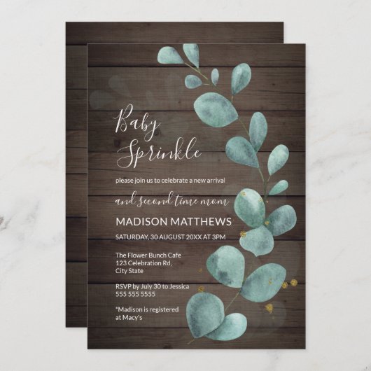 Eucalyptus Greenery Rustic Wood Baby Sprinkle Invi Kaart (Voorkant / Achterkant)