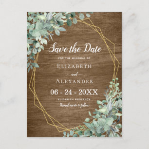 Eucalyptus Greenery Rustic Wood Geometric Wedding Aankondigingskaart
