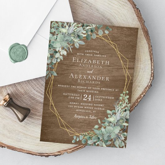 Eucalyptus Greenery Rustic Wood Geometric Wedding Kaart