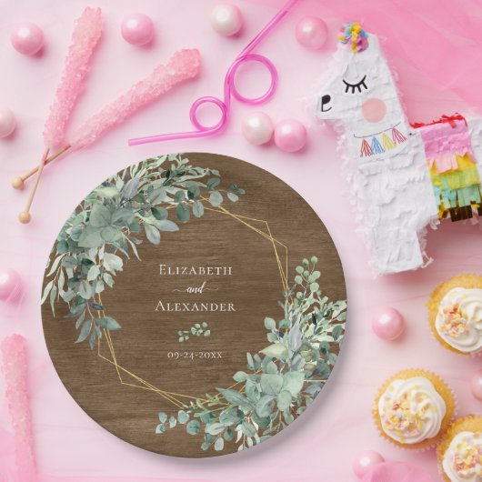 Eucalyptus Greenery Rustic Wood Geometric Wedding Papieren Bordje (Feest)