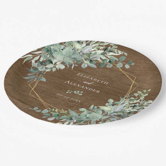 Eucalyptus Greenery Rustic Wood Geometric Wedding Papieren Bordje (Gekanteld)