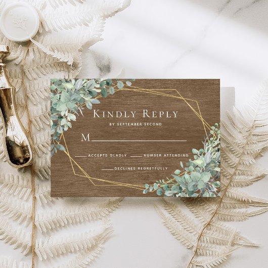 Eucalyptus Greenery Rustic Wood Geometric Wedding RSVP Kaartje