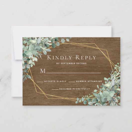 Eucalyptus Greenery Rustic Wood Geometric Wedding RSVP Kaartje (Voorkant)
