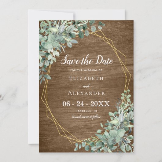Eucalyptus Greenery Rustic Wood Geometric Wedding Save The Date (Voorkant)