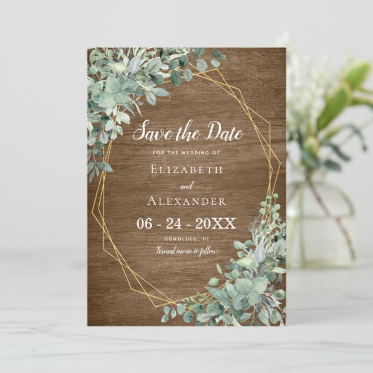 Eucalyptus Greenery Rustic Wood Geometric Wedding Save The Date (Staand voorkant)