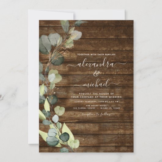Eucalyptus Greenery Rustic Wood Wedding Kaart (Voorkant)