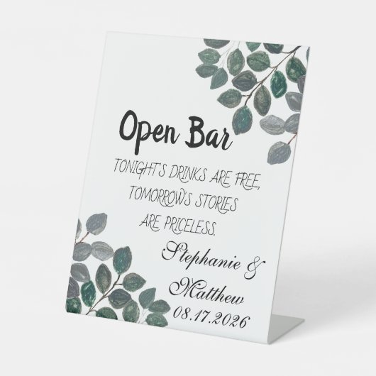 Eucalyptus Greenery Rustiek Open Bar Reclamebord Met Voetstuk (Voorkant)