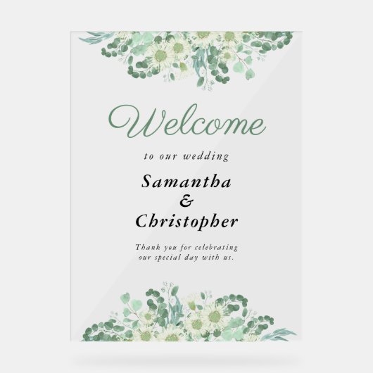 Eucalyptus Greenery Sage Green Weddenschap Welkom Acryl Bord (Voorkant)