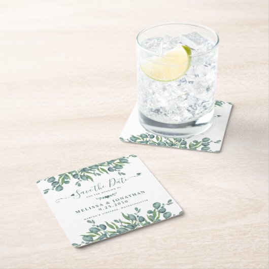 Eucalyptus Greenery Sage Wedding Save the Date Kartonnen Onderzetters (Insitu)