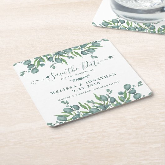 Eucalyptus Greenery Sage Wedding Save the Date Kartonnen Onderzetters (Schuin)
