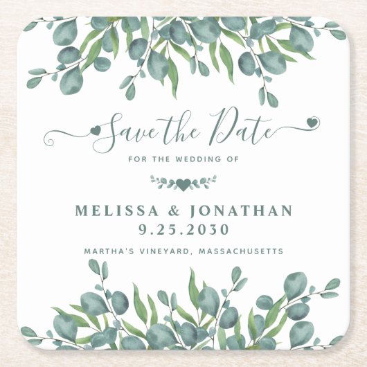 Eucalyptus Greenery Sage Wedding Save the Date Kartonnen Onderzetters (Voorkant)