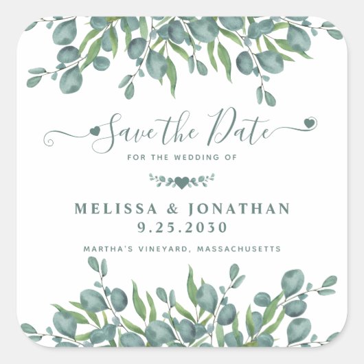 Eucalyptus Greenery Sage Wedding Save the Date Vierkante Sticker (Voorkant)
