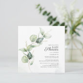 Eucalyptus Greenery Script Botanical Baby shower Kaart (Staand voorkant)
