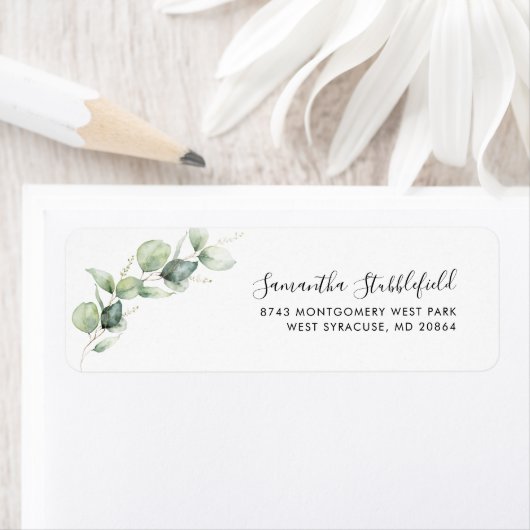 Eucalyptus Greenery Script Modern Return Address Etiket (Insitu)