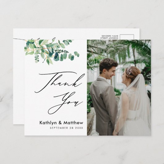 Eucalyptus Greenery Script Photo Weddenschap Bedan Briefkaart (Voorkant / Achterkant)