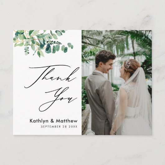 Eucalyptus Greenery Script Photo Weddenschap Bedan Briefkaart (Voorkant)