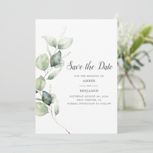 Eucalyptus Greenery Script Save the Date (Staand voorkant)
