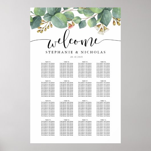 Eucalyptus greenery script seating chart poster (Voorkant)