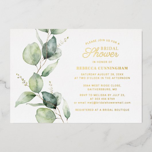 Eucalyptus Greenery Script Vrijgezellenfeest Gold Folie Uitnodiging (Voorkant)