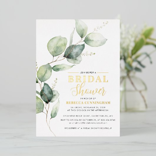 Eucalyptus Greenery Script Vrijgezellenfeest Gold Folie Uitnodiging (Staand Voorkant)