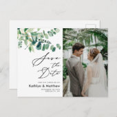 Eucalyptus Greenery Script Weddenschap bewaart de Aankondigingskaart (Voorkant / Achterkant)