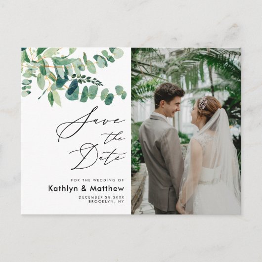 Eucalyptus Greenery Script Weddenschap bewaart de Aankondigingskaart (Voorkant)
