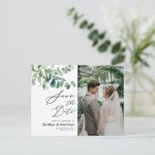 Eucalyptus Greenery Script Weddenschap bewaart de Aankondigingskaart (Staand voorkant)