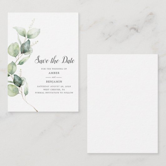 Eucalyptus Greenery Script Weddenschap opslaan Dat Notitiekaartje (Voorkant / Achterkant)