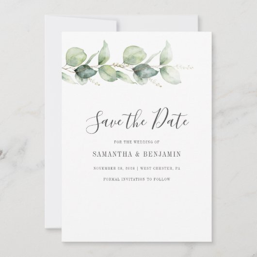 Eucalyptus Greenery Script Weddenschap Save The Date (Voorkant)